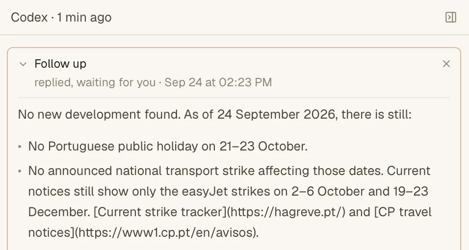 A follow-up reply in Spool's side panel: no new development found, with the checks it made and links to its sources.