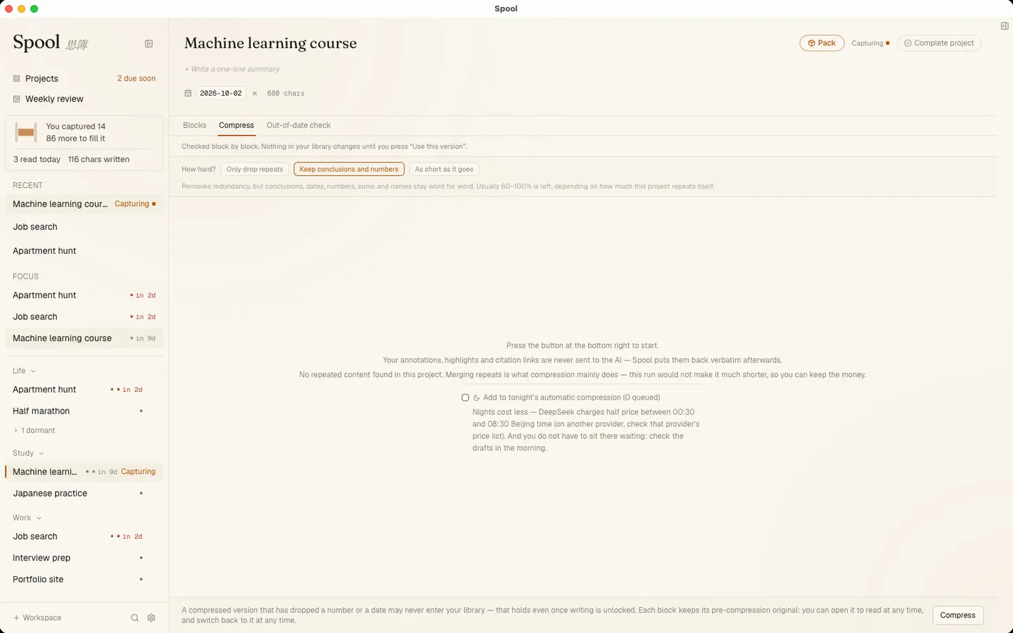 The Compress tab before a run: strength options, a local note that this project has no repeated content, an option to queue the run overnight, and a footer saying a draft that drops a number or a date may never enter the library.