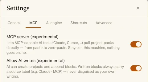 Spool settings, MCP tab: a switch labelled MCP server and a separate switch labelled Allow AI writes, both turned on.