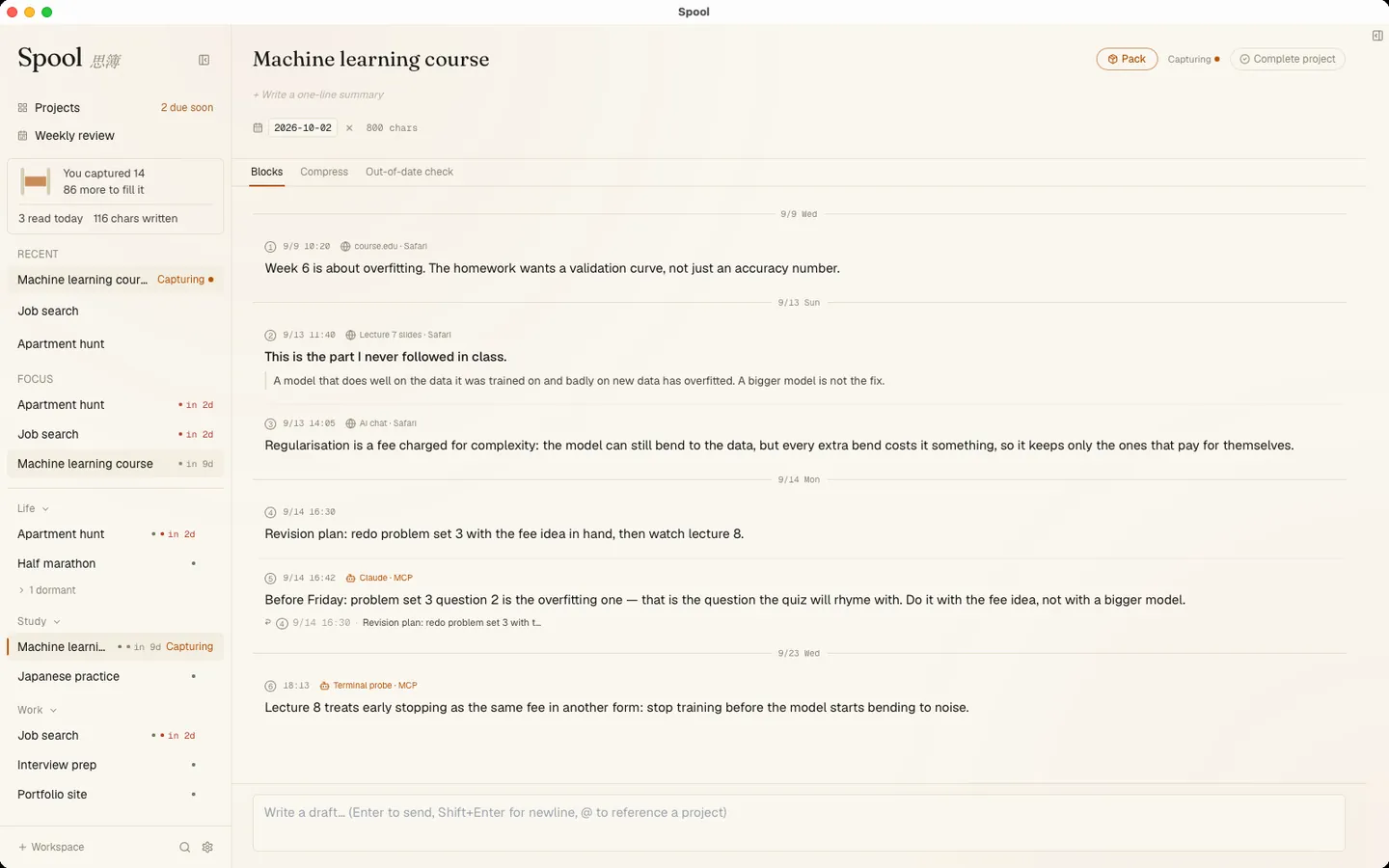 A Spool project named Machine learning course: a dated list of saved notes, each showing the app it came from. The last note is labelled Terminal probe · MCP.